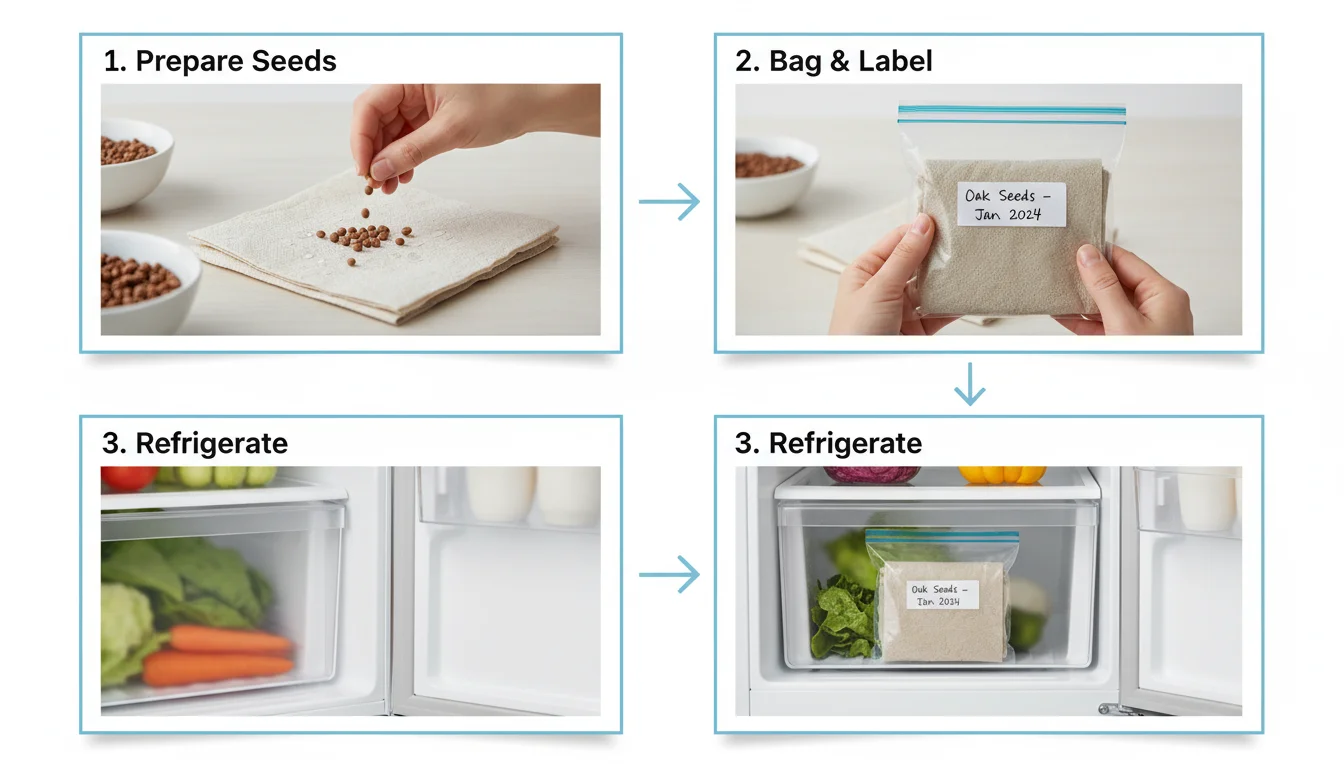 Cold stratification diagram: Seeds on damp paper towel, folded in labeled ziploc bag ('Echinacea, 1/15/24, 60 days'), in fridge crisper.
