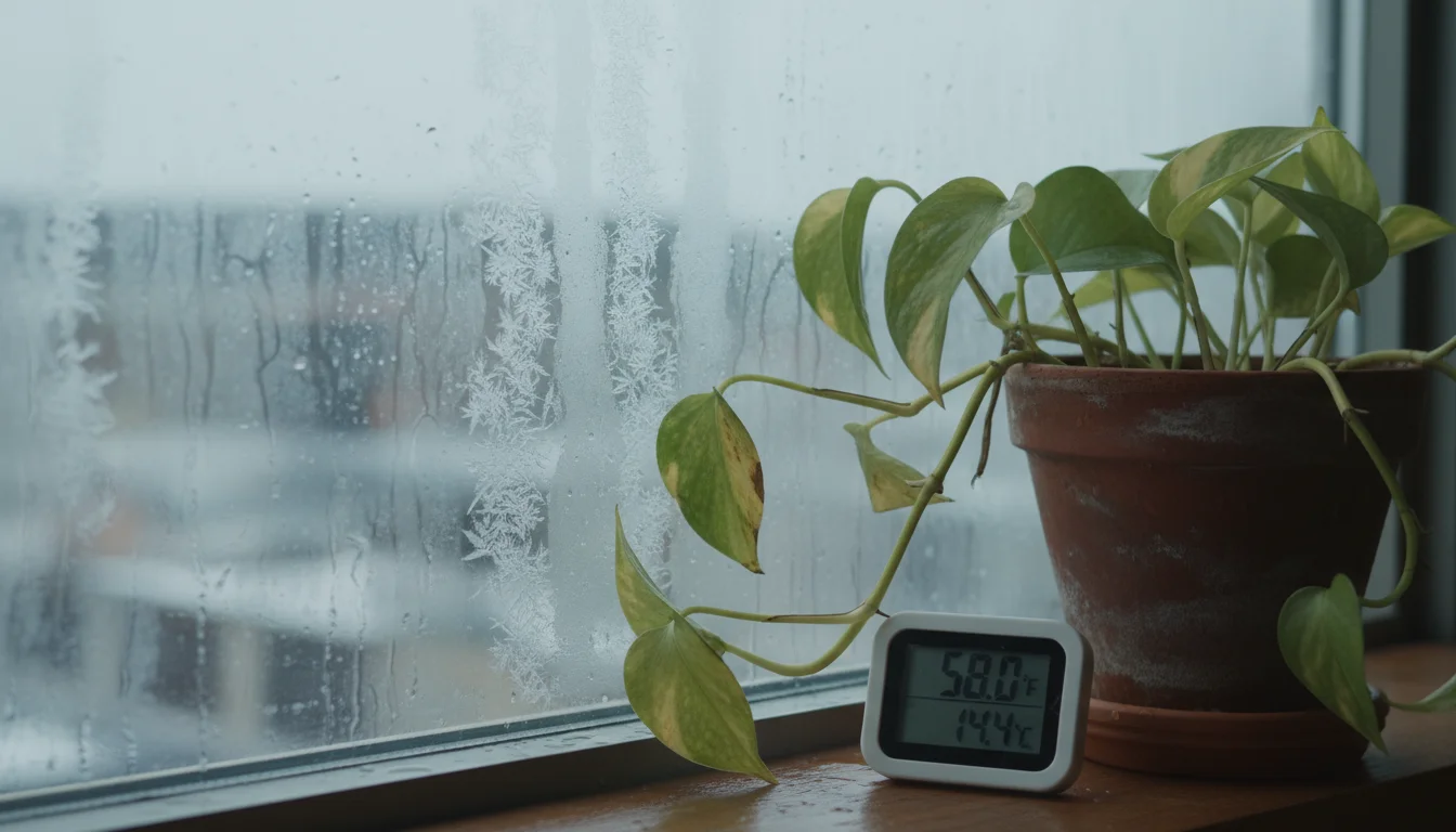 A slightly cold-stressed pothos plant in a terracotta pot near a condensation-streaked winter window with a digital thermometer showing low temperatur