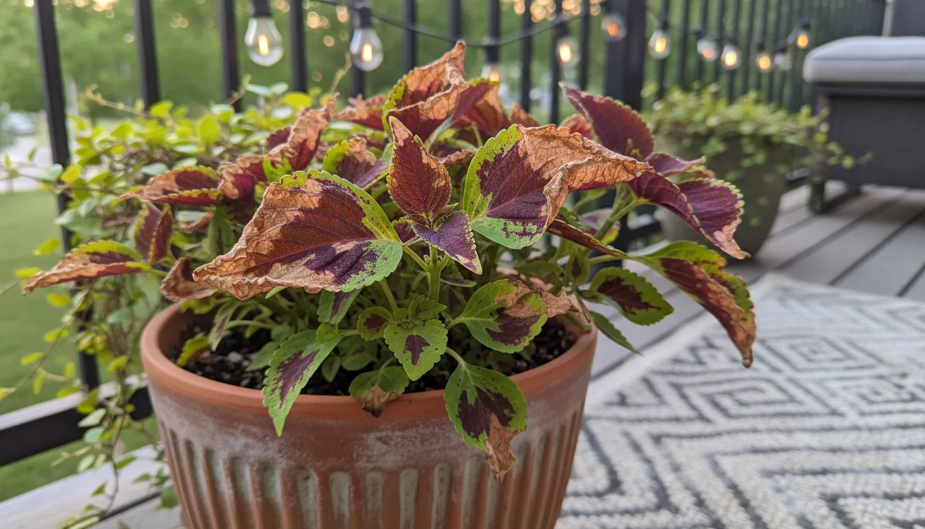 Close-up of a coleus plant in a terracotta pot on a balcony, showing leaves with brown, crispy sun-scorched edges.