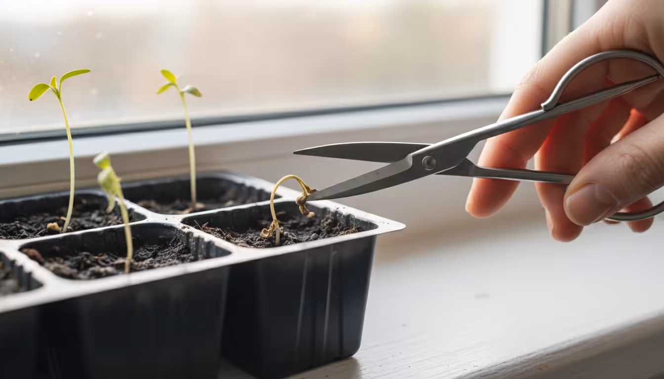 Close-up of a collapsed seedling in an apartment seed tray on a windowsill. A hand holds small snips, poised to carefully remove the affected plant.