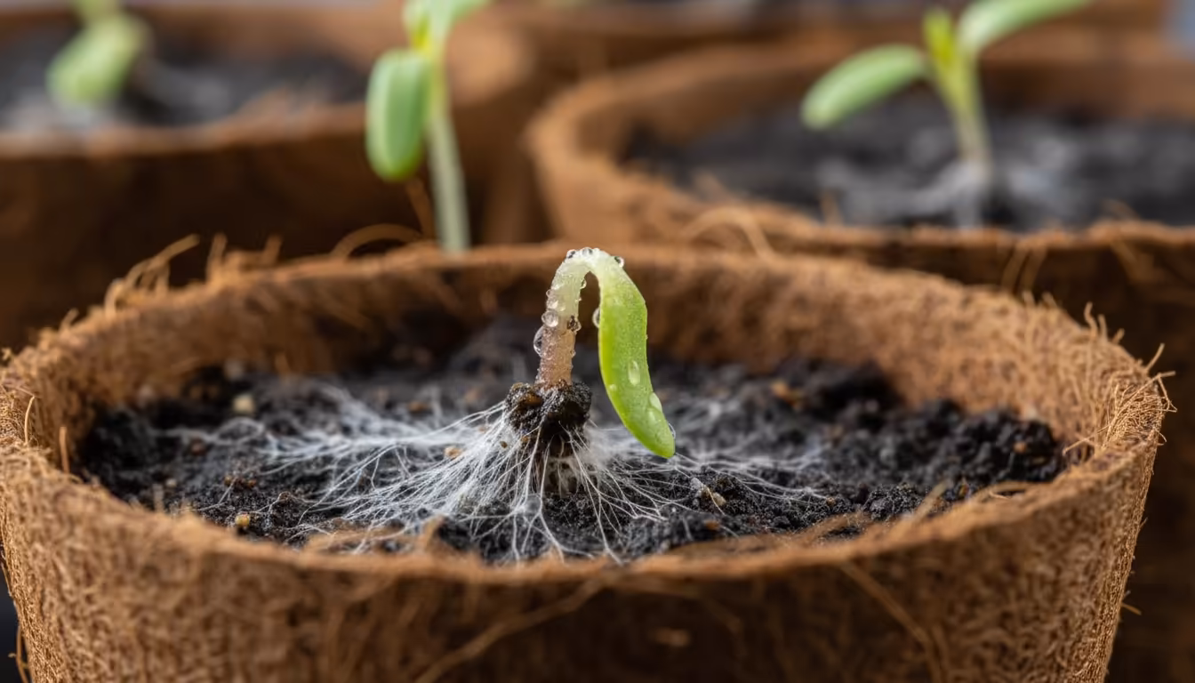 Extreme close-up of a collapsed seedling in a coir pot, showing a pinched stem at the soil line and faint white fungal growth.