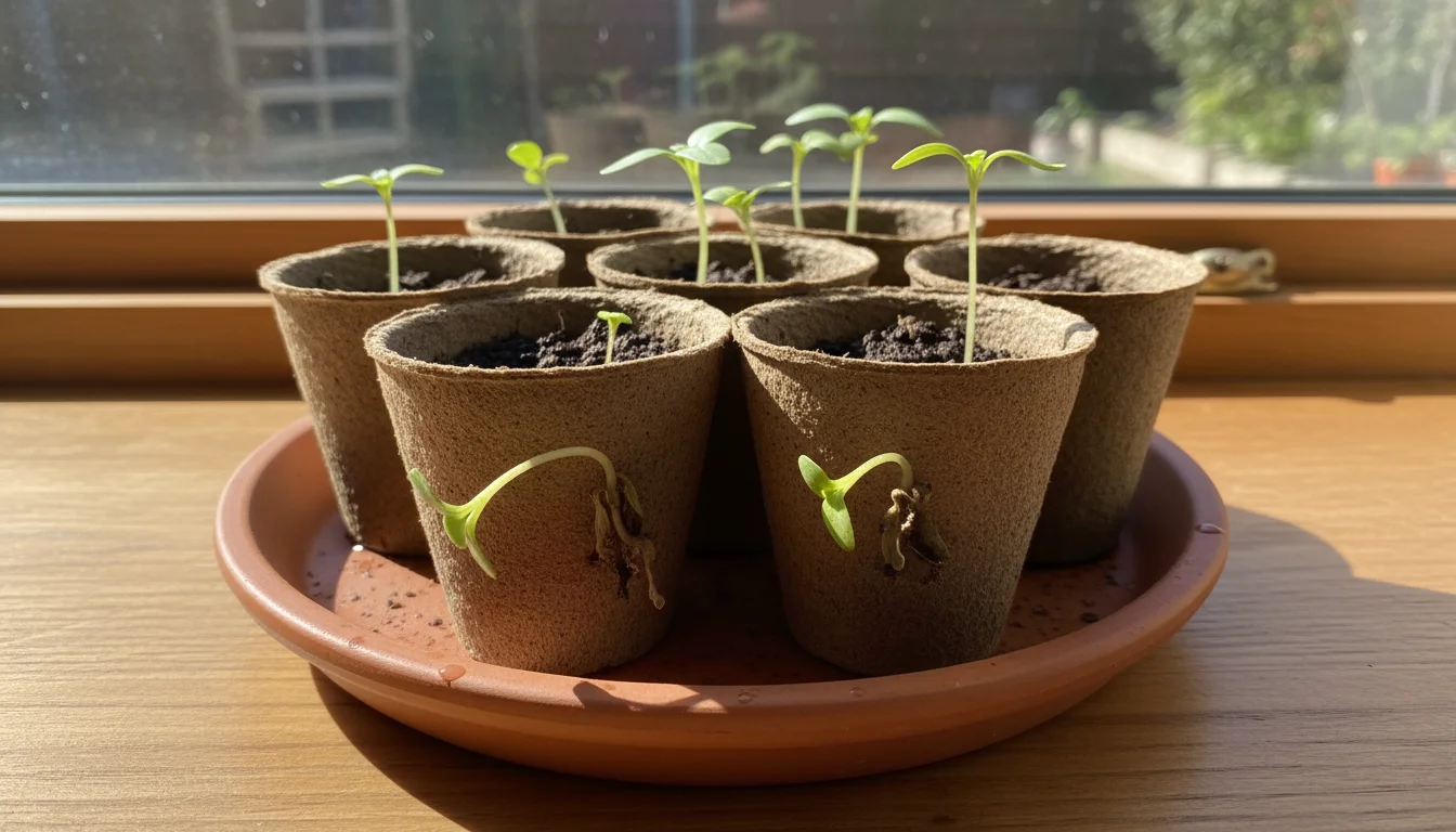 Close-up of collapsed, wilted young vegetable seedlings in small pots on a windowsill, showing signs of damping off disease amidst healthy sprouts.