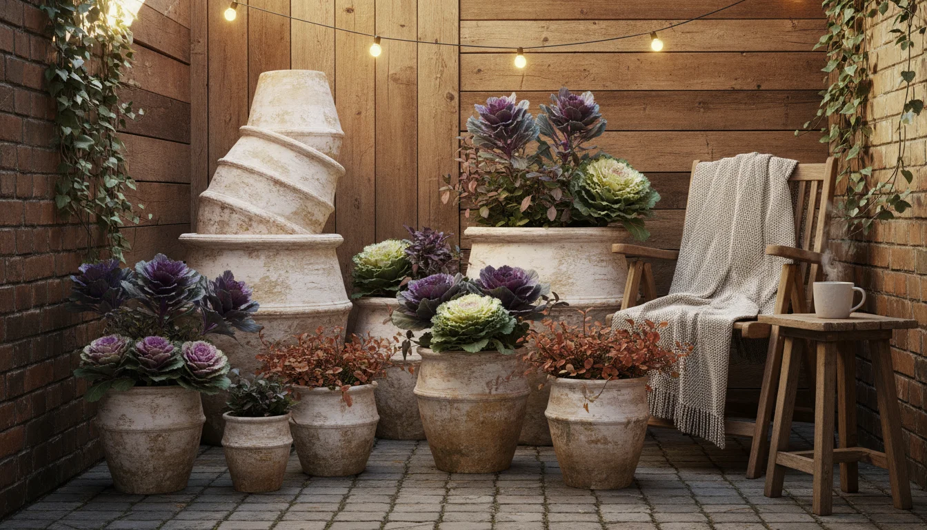 Collection of aged but intact terracotta pots on a small patio, some empty, some with fall plants.
