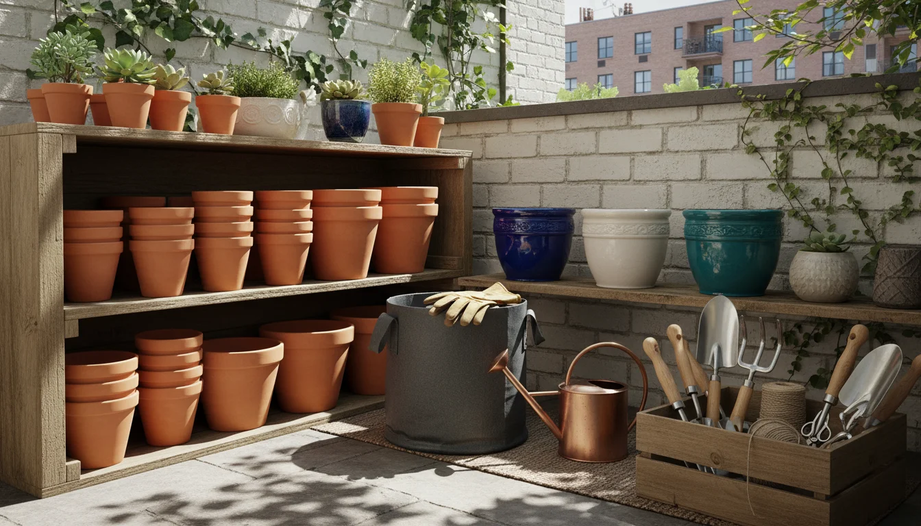 A collection of clean, empty terracotta, ceramic, and plastic pots stacked on a patio with gardening tools.