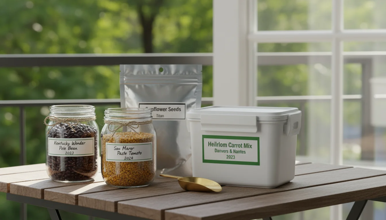 A collection of clearly labeled airtight seed storage containers, including glass jars, plastic bins, and a Mylar bag, on a wooden surface.