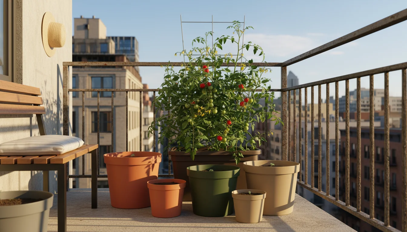 A collection of colorful plastic pots on a sunny urban balcony. A thriving tomato plant and pink impatiens grow in two plastic pots. A hand holds an e