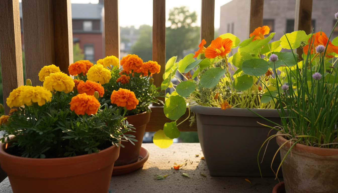 A collection of companion plants on a sunny balcony: orange marigolds, trailing nasturtiums with a few aphids, and green chives in pots.