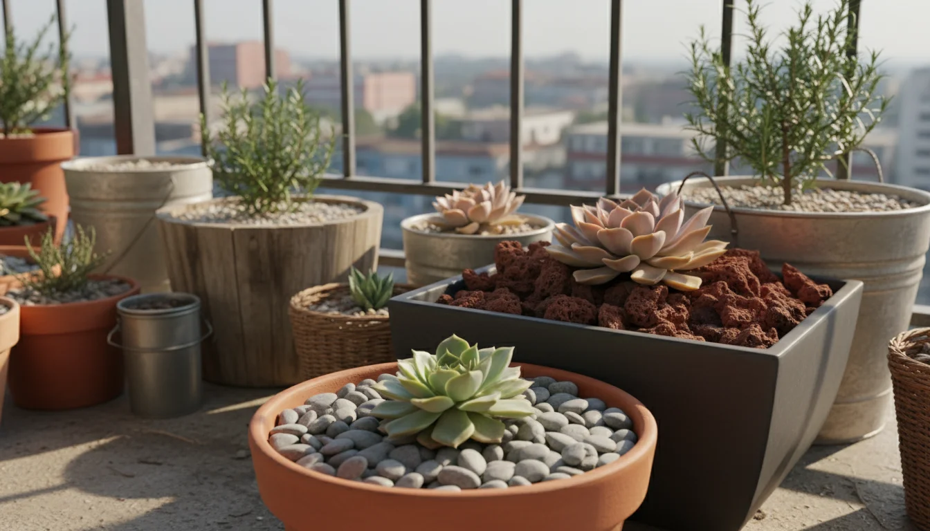 Collection of container plants on a sunny urban balcony, showing pots mulched with gray pebbles, reddish lava rock, and fine gravel.