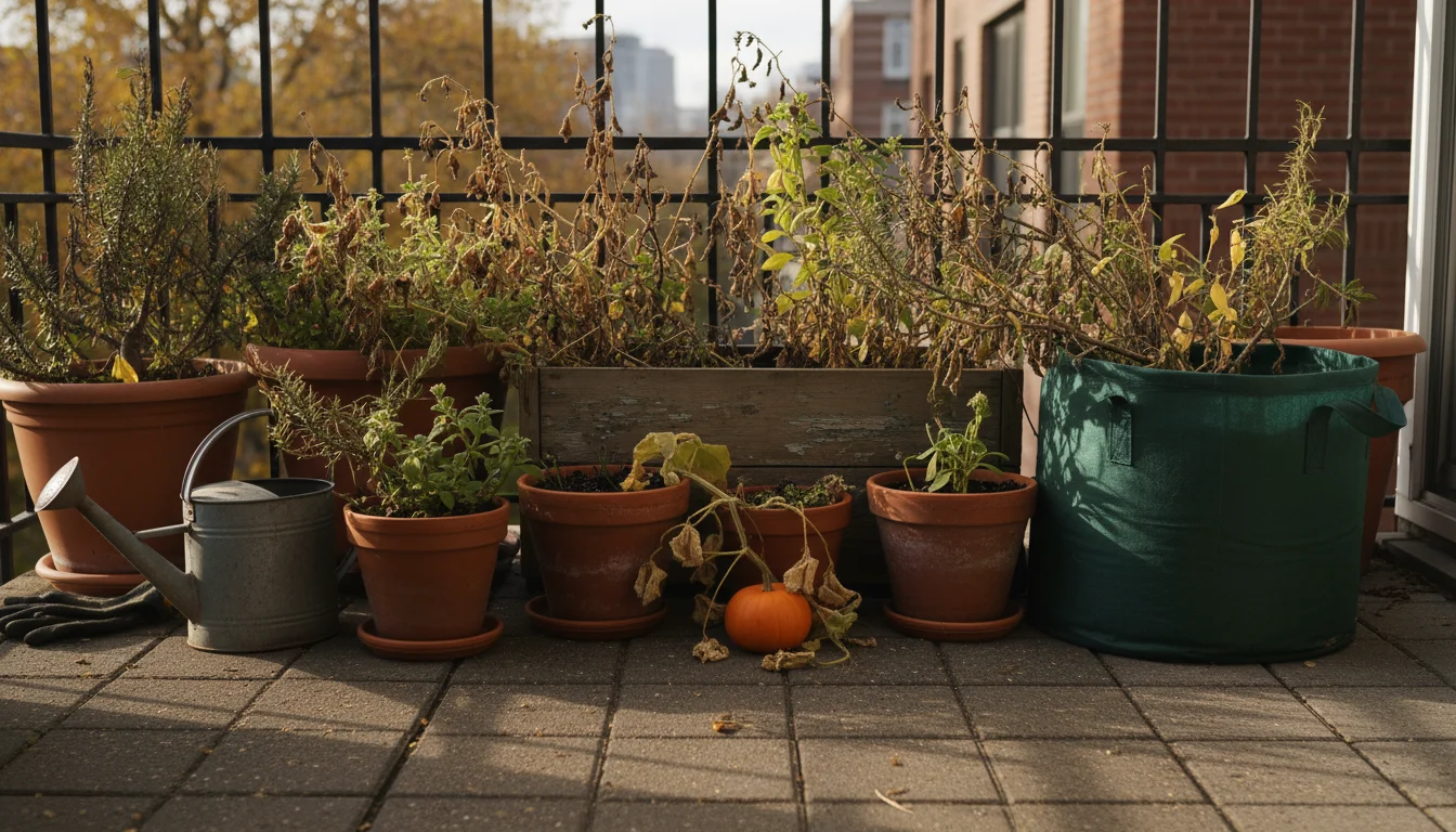 A collection of container pots on an urban balcony, holding tired, dried plants and showing dry, compacted soil at the end of the season.