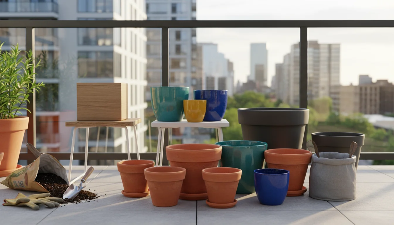 Collection of diverse empty gardening pots (terracotta, glazed ceramic, plastic, fabric, wood) arranged on a modern balcony, with gardening tools.