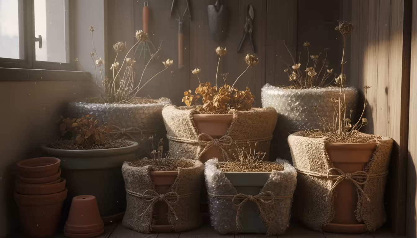 Collection of dormant perennial plants in terracotta pots, insulated with burlap and bubble wrap, neatly arranged in a sheltered urban corner for wint