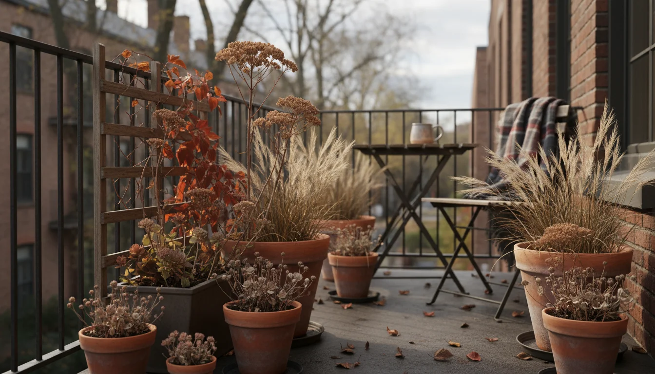 Collection of dried sedum, ornamental grasses, and faded vines in terracotta pots on an urban patio in late fall.