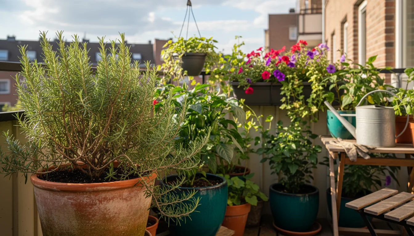 A collection of durable gardening containers: weathered terracotta, glazed ceramic, treated wood, metal, and folded fabric grow bags on an urban balco