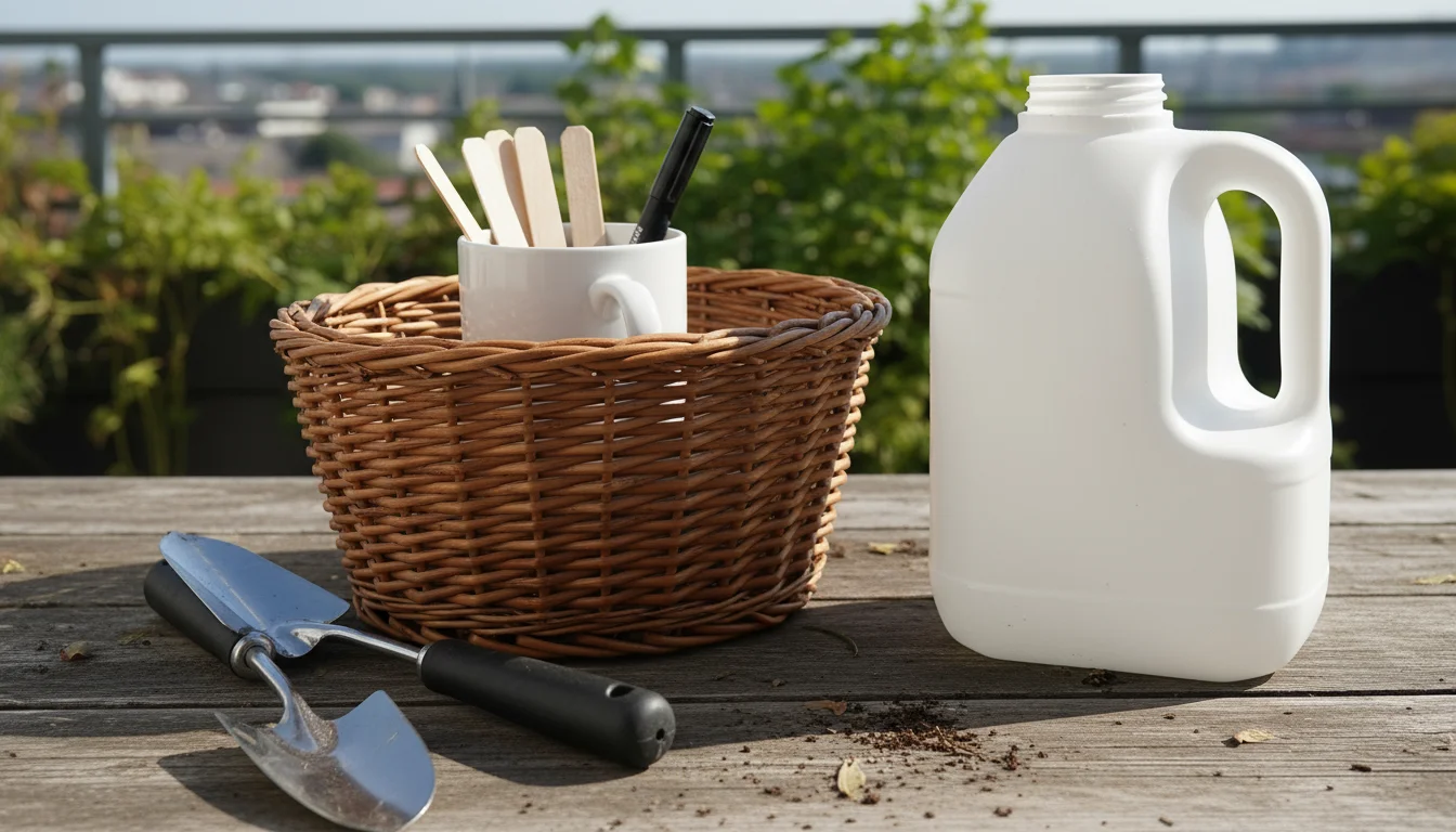 A collection of eco-friendly indoor gardening tools on a rustic wooden balcony surface, featuring a woven basket, ceramic mug, and plastic milk jug al