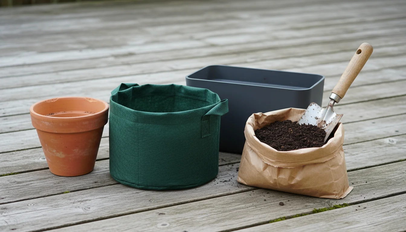 A collection of empty garden containers and an open bag of potting soil with a trowel on a wooden deck, ready for fall planting.