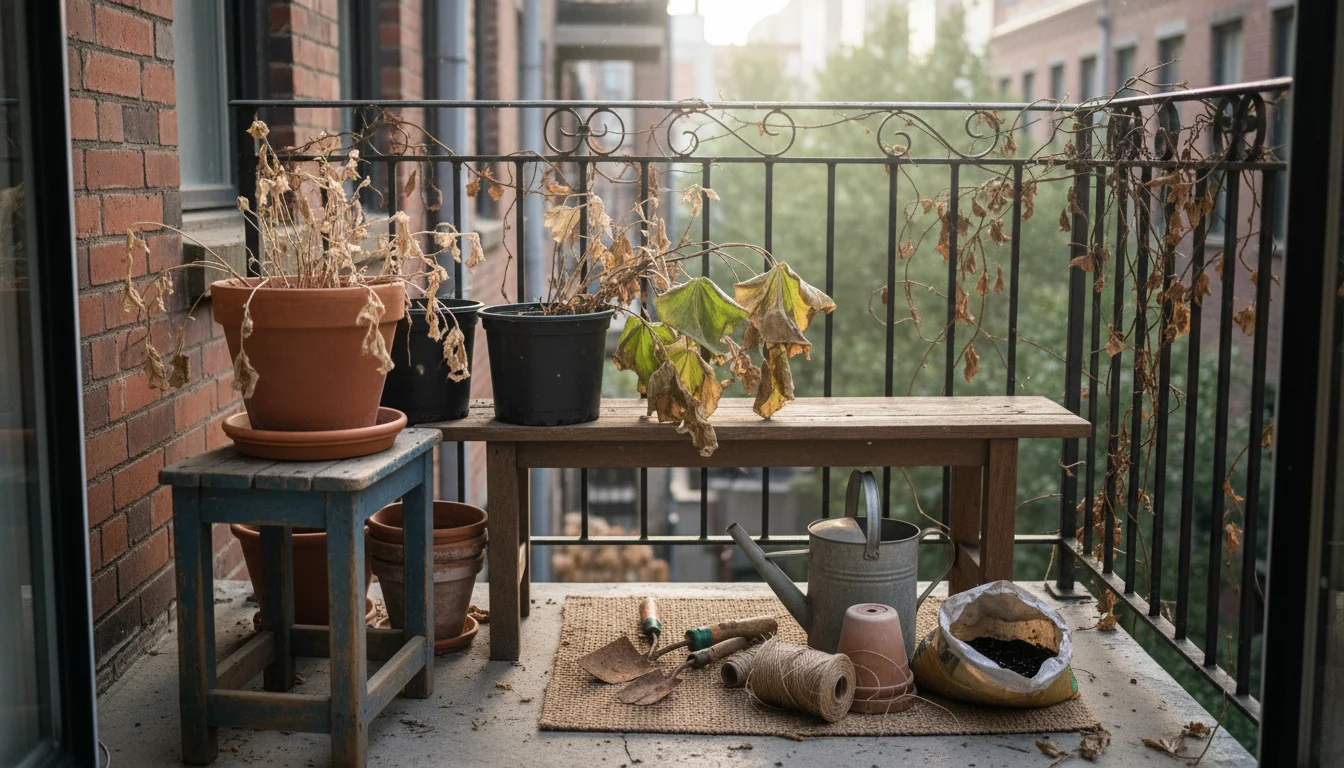 A collection of end-of-season container garden items on a balcony: a terracotta pot with dead plants, a plastic pot with a dying plant, a trowel, and