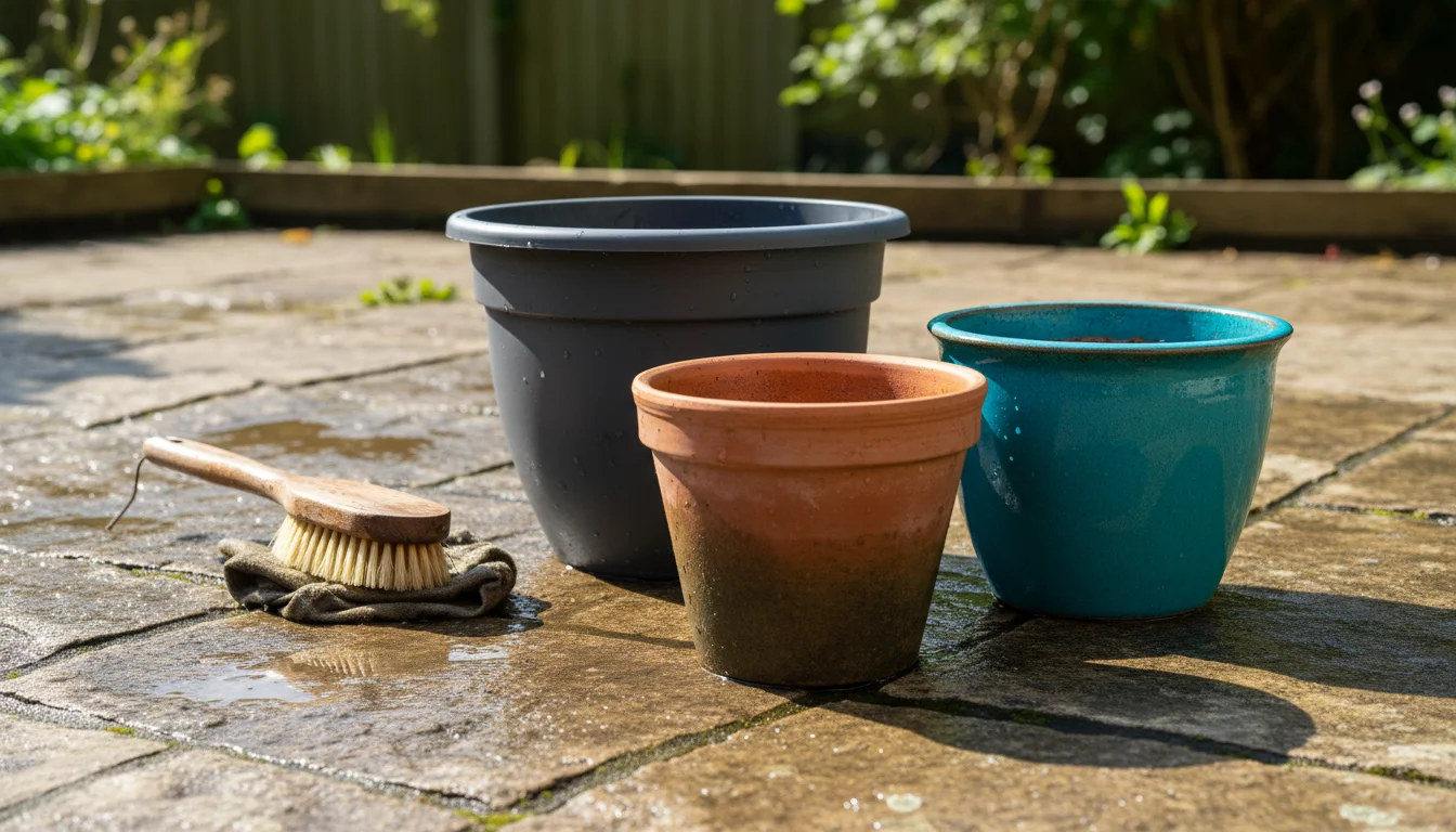 A collection of freshly cleaned empty terracotta, plastic, and glazed ceramic garden pots arranged on a weathered flagstone patio.