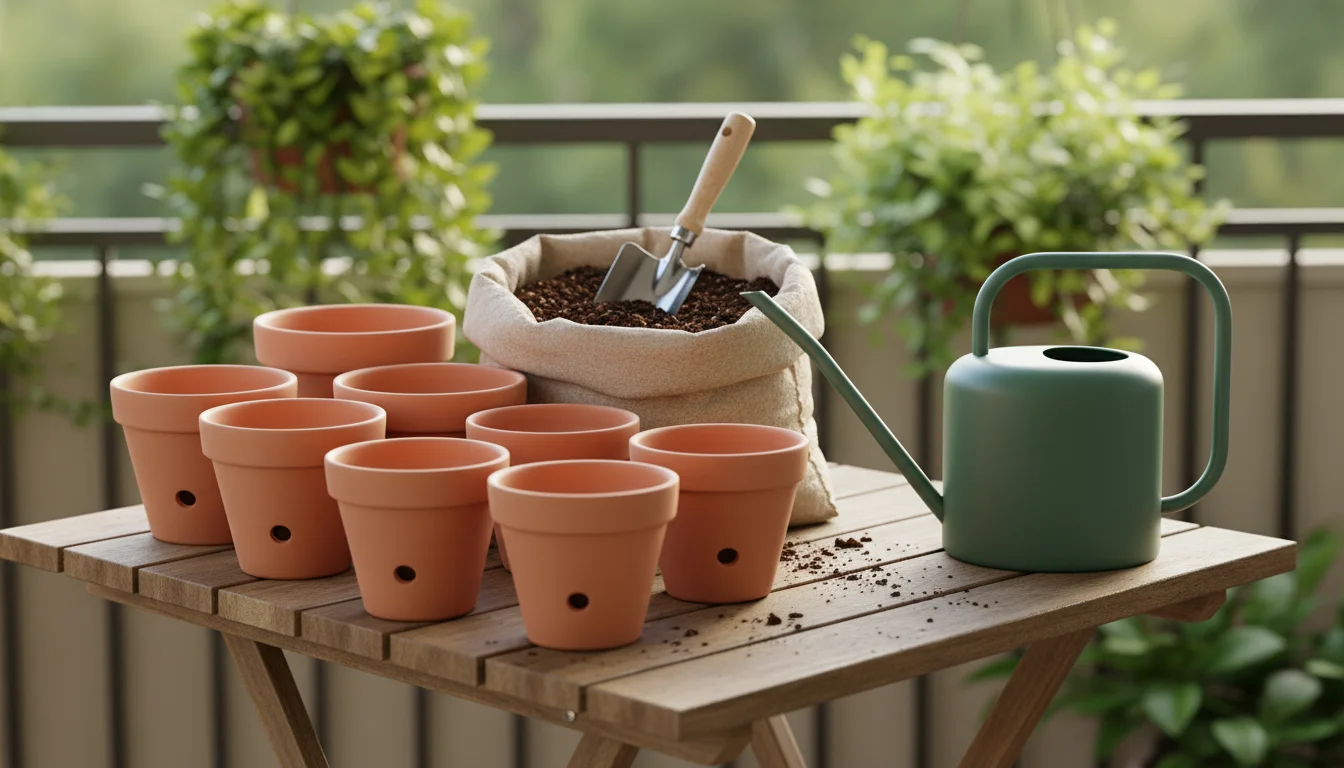 Collection of gardening supplies on a small wooden table: empty terracotta pots, open potting mix bag, metal trowel, watering can, herb seedlings, see