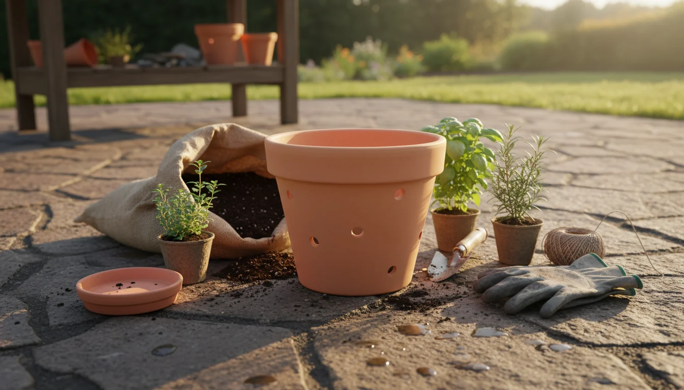 Collection of gardening supplies on a stone patio: empty terracotta pot, potting mix, basil, oregano, thyme plants, trowel, and watering can.