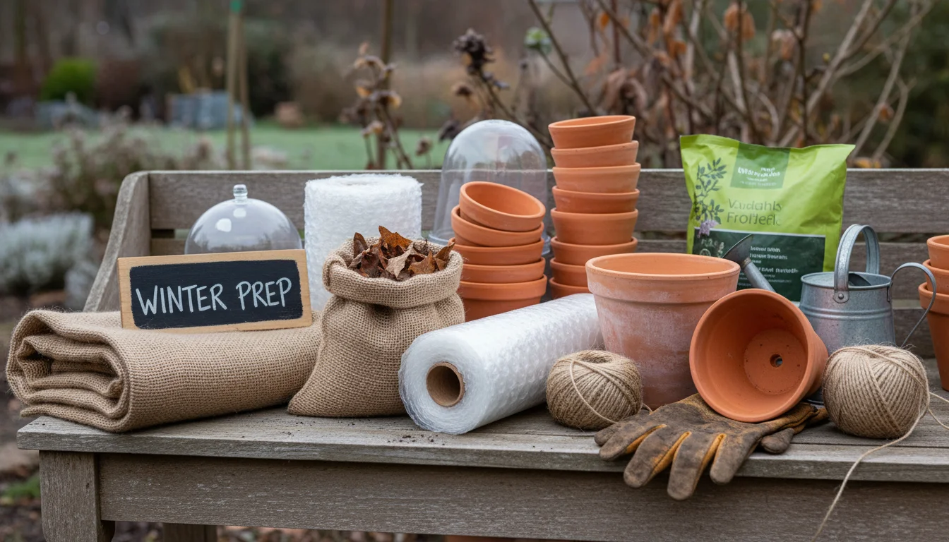 A collection of gardening supplies on a wooden table: folded burlap, a bag of leaves, bubble wrap, an empty terracotta pot, gloves, and a trowel.
