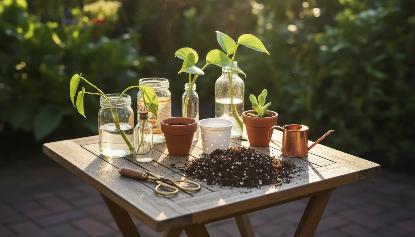 Collection of clear glass jars, small pots, and peat-free potting mix on a patio table, ready for plant propagation.