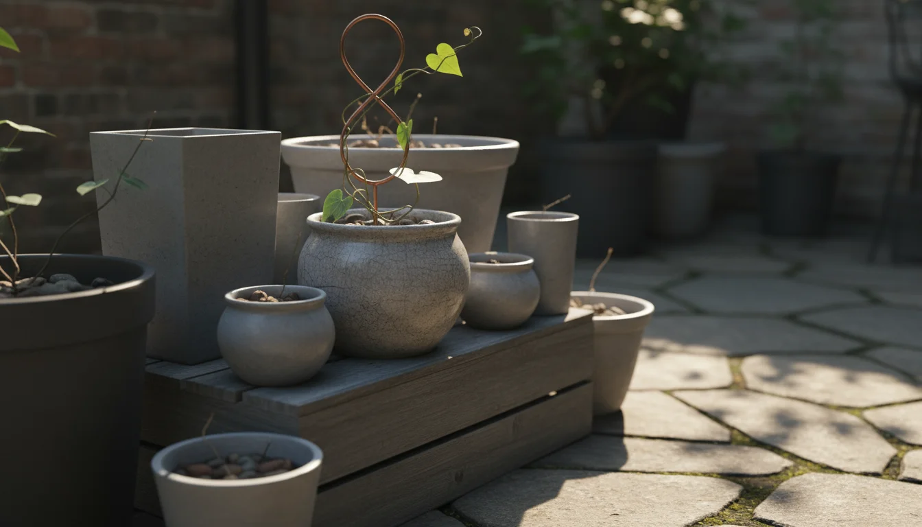 Collection of grey and one vibrant blue pot on a weathered wooden crate, with gardening tools on a sun-dappled patio.