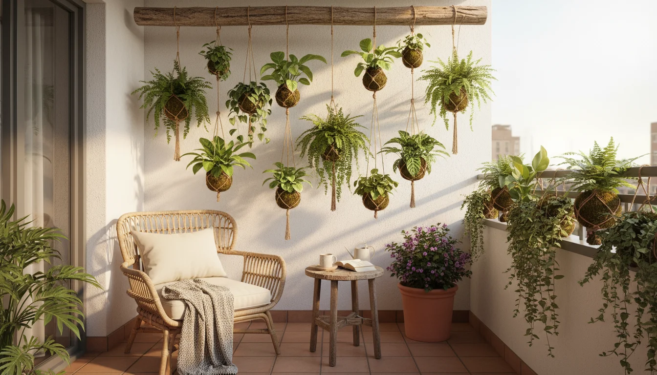 Collection of hanging kokedama (moss balls) with various plants, arranged at different heights in a sunny balcony corner.