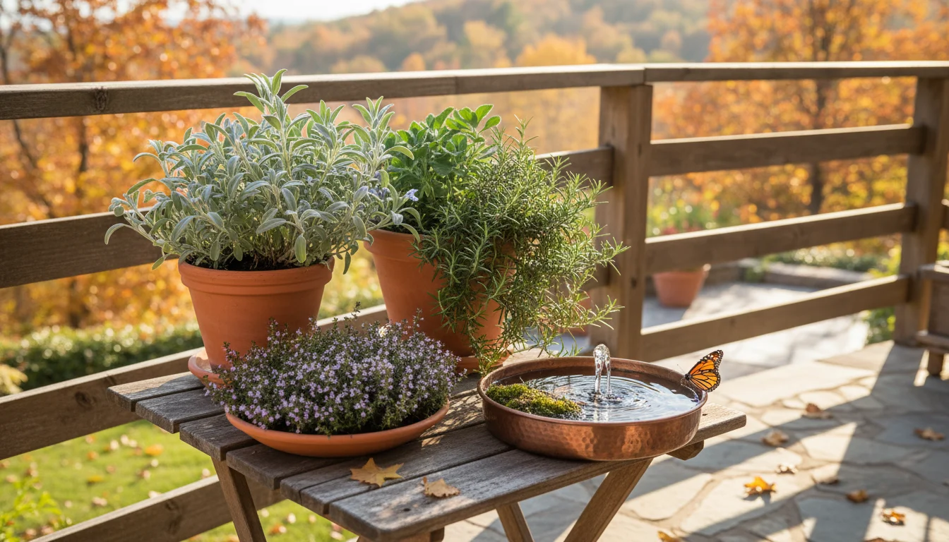 A collection of healthy, aromatic plants in terracotta and ceramic pots on a weathered wooden balcony table, suggesting sustainable fall gardening.