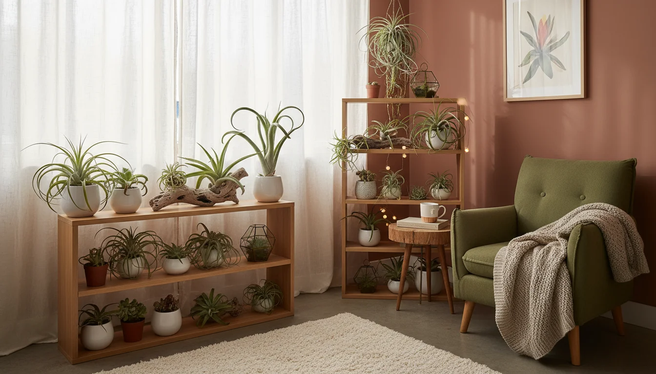 A collection of healthy Tillandsia air plants on a wooden shelf, bathed in bright, indirect sunlight from a window with sheer white curtains.