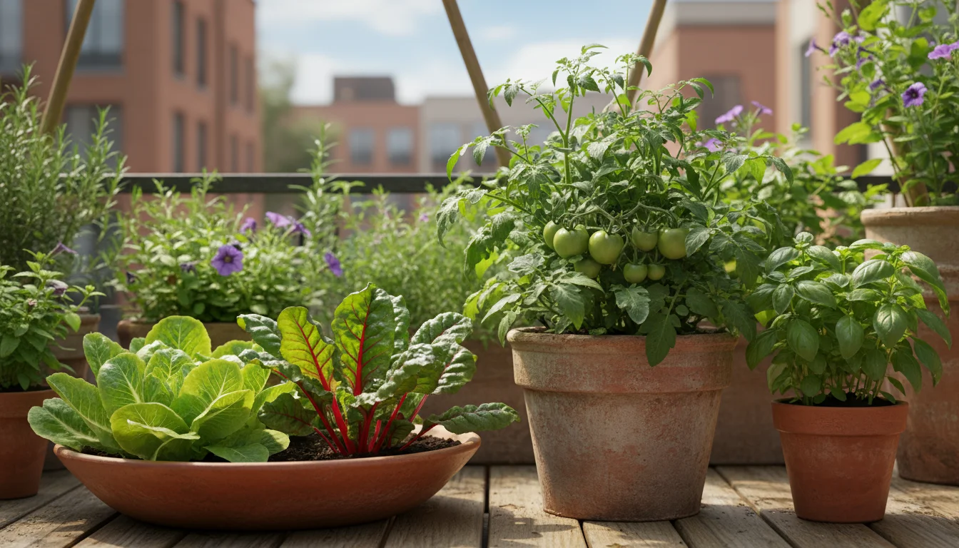Collection of healthy tomato, lettuce, Swiss chard, and basil plants thriving in various pots on an urban balcony.