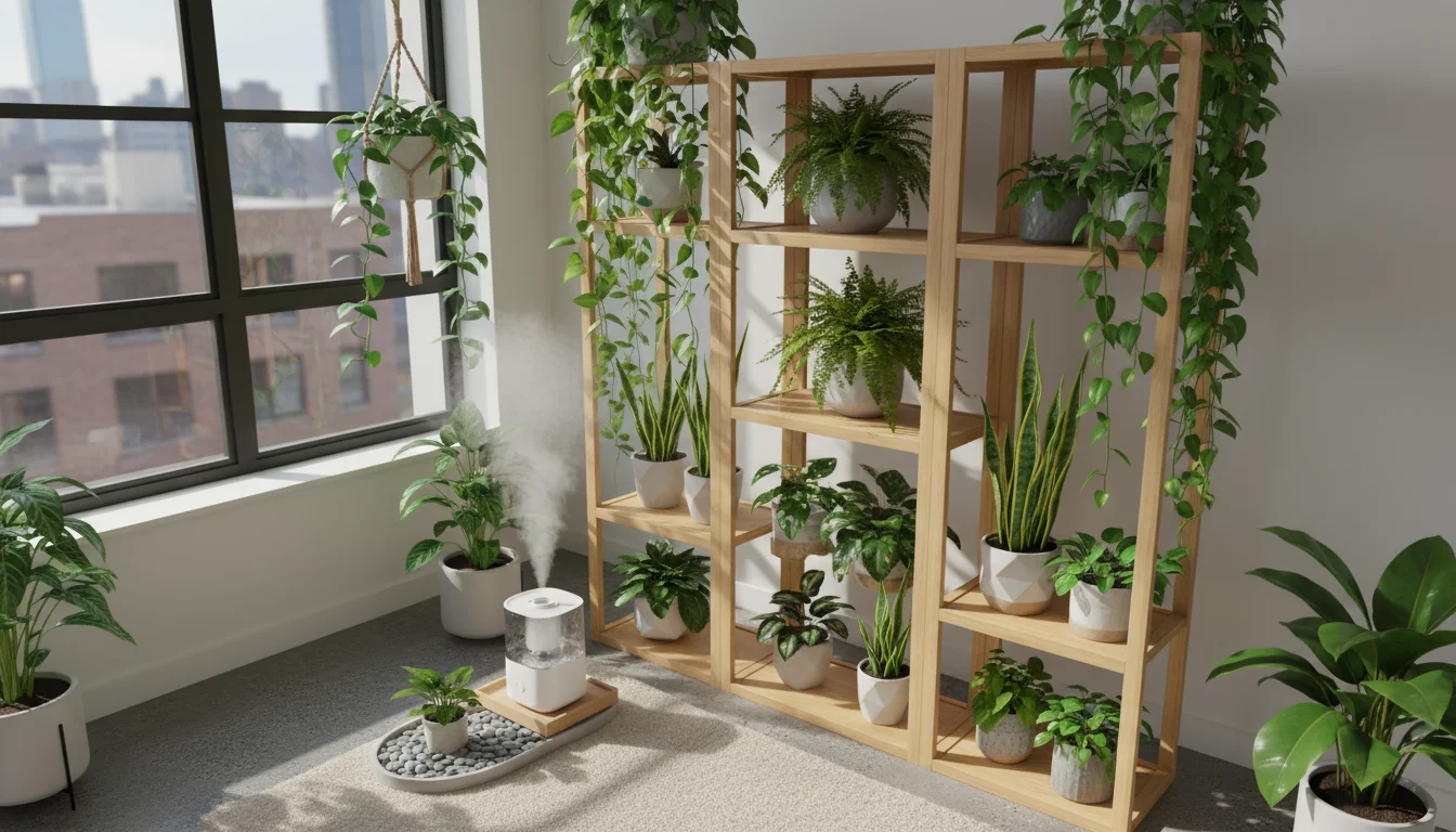 A collection of houseplants, including a pothos and fern, on a wooden stand. A humidifier emits mist, and some pots sit on pebble trays.