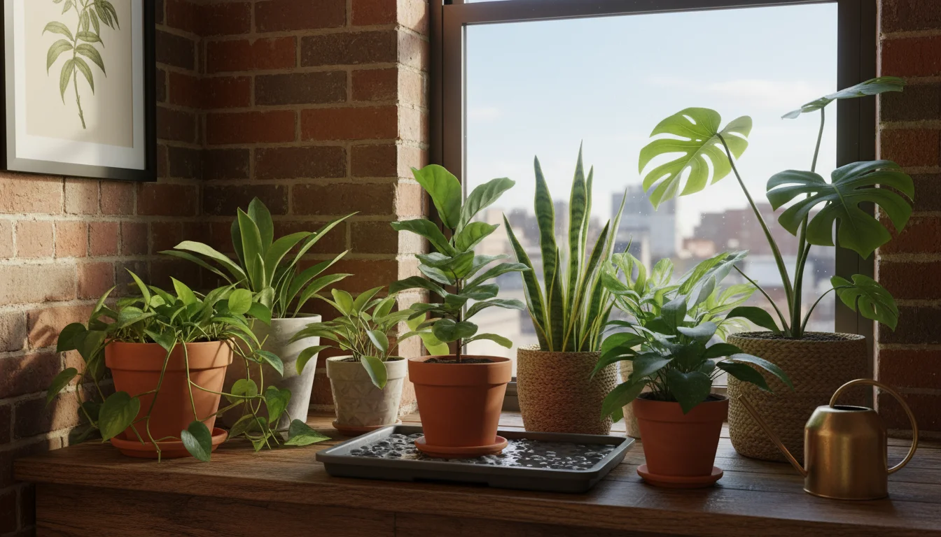 A collection of indoor potted plants, including a fern and ivy, grouped closely on a wooden windowsill. One pot sits on a pebble tray filled with wate