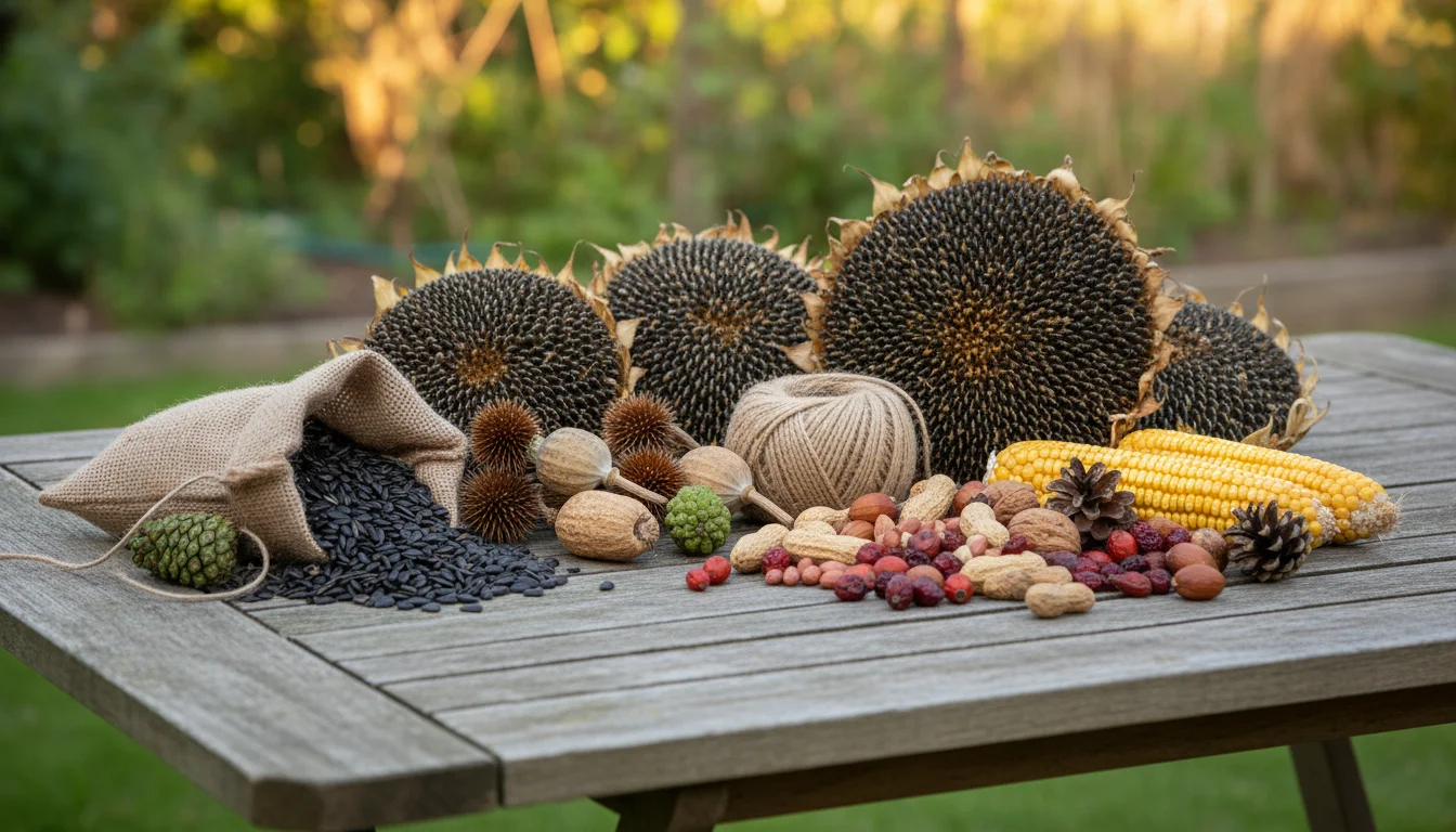 A collection of natural bird feeder materials including dried sunflowers, seed pods, jute twine, peanut butter, and birdseed on a wooden surface with 