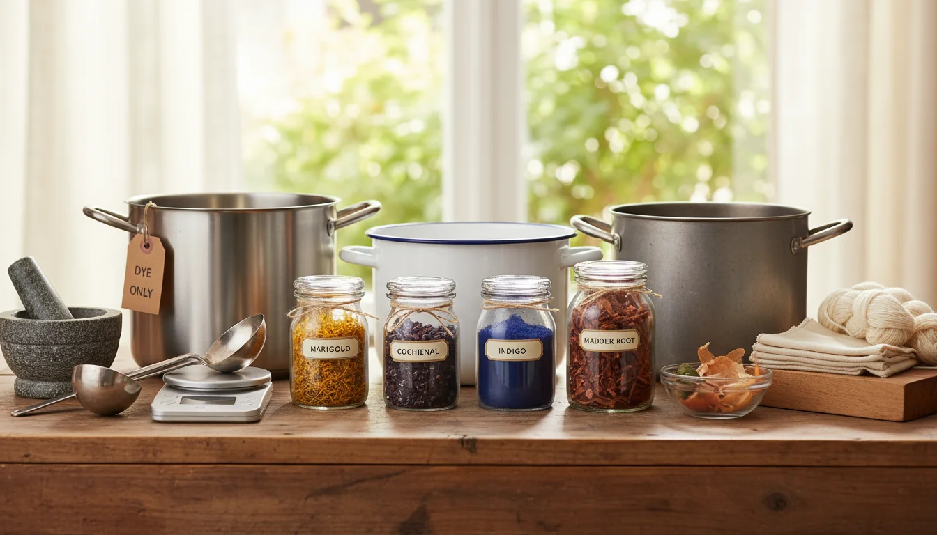 A collection of natural dyeing tools on a rustic wooden counter, including three metal pots, wooden spoons, a strainer, and dried marigolds and onion