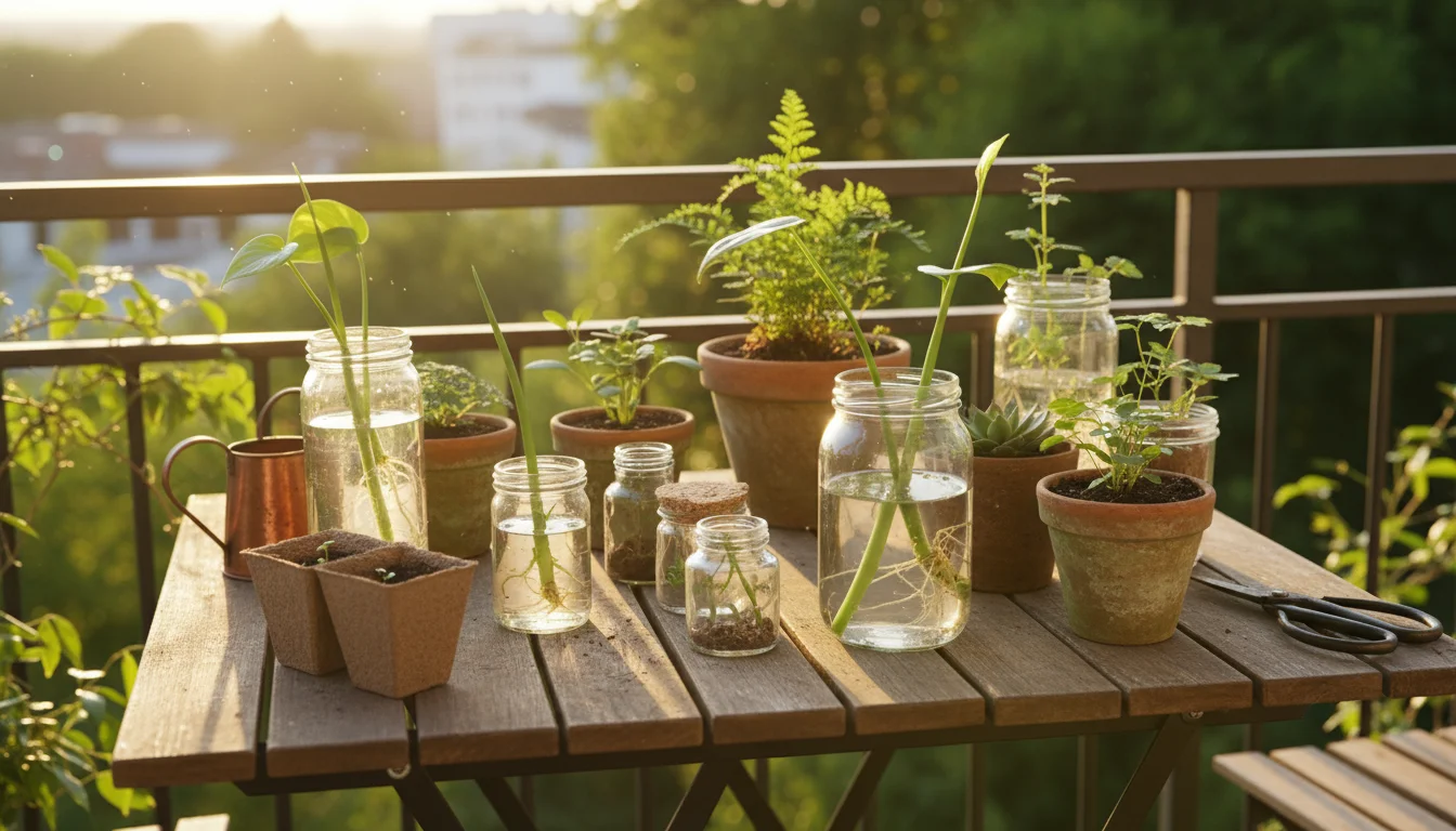 A collection of plant cuttings in various repurposed containers on a rustic wooden balcony table, bathed in warm sunlight, with a vertical garden in t