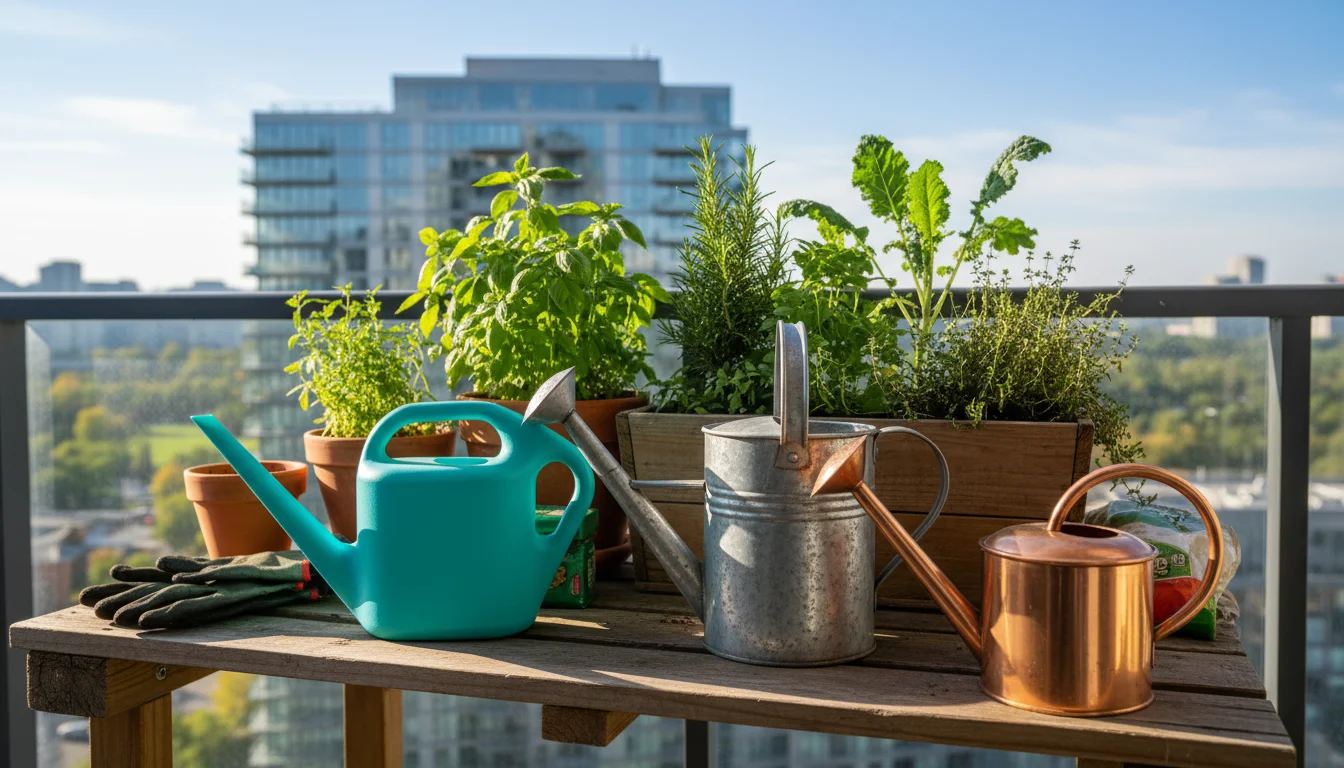 Collection of plastic, galvanized steel, and copper watering cans on a sunlit balcony potting bench surrounded by herbs.