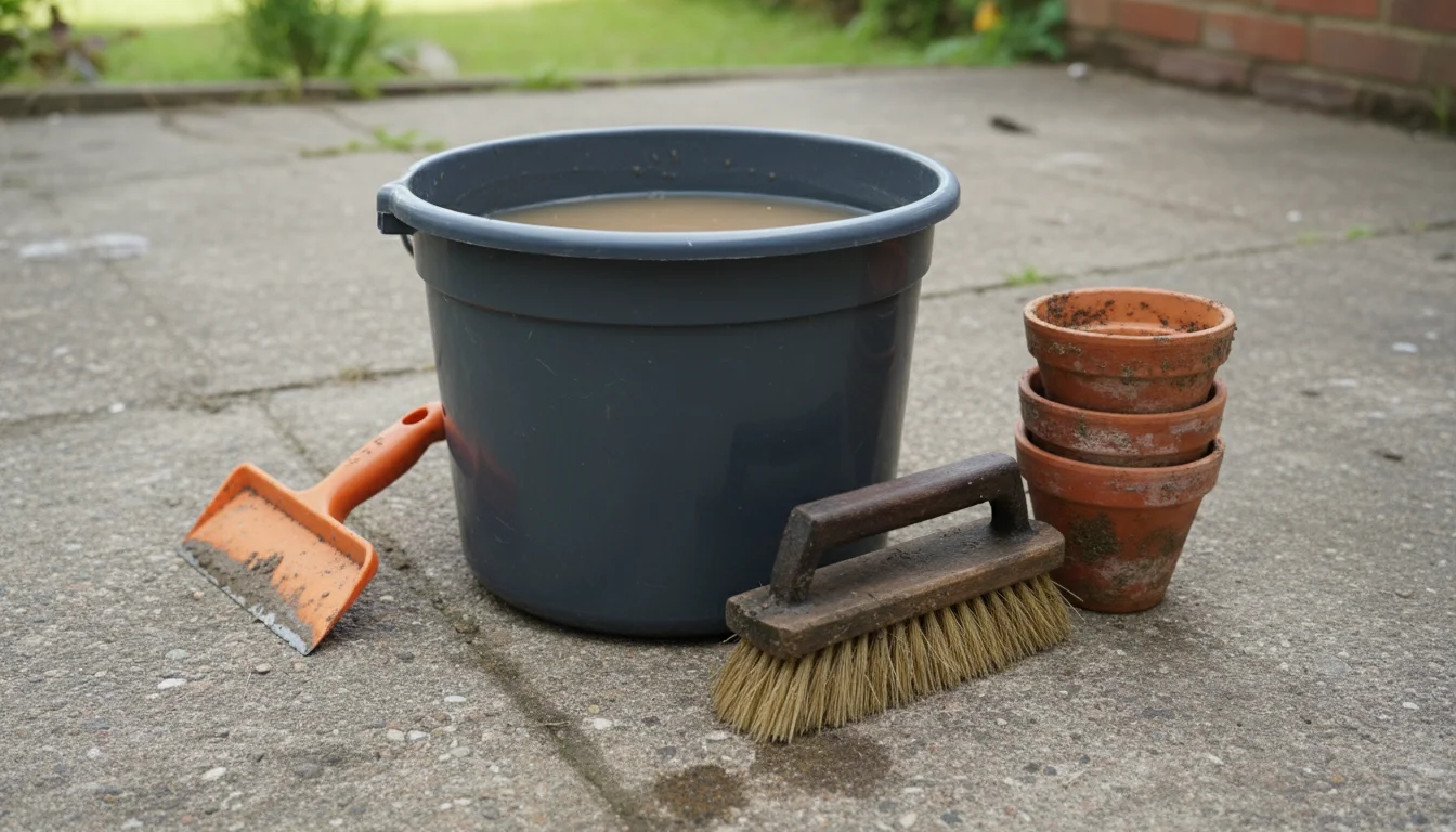 Collection of pot cleaning tools: a bucket of water, scrub brush, plastic scraper, and dirty terracotta pots on a patio.