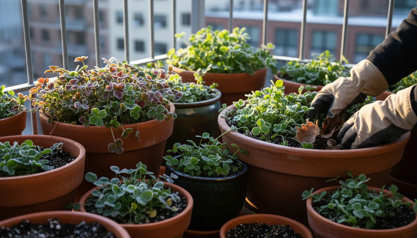 A collection of pots on a small balcony containing healthy green cover crops in winter. Gloved hands gently clear debris.