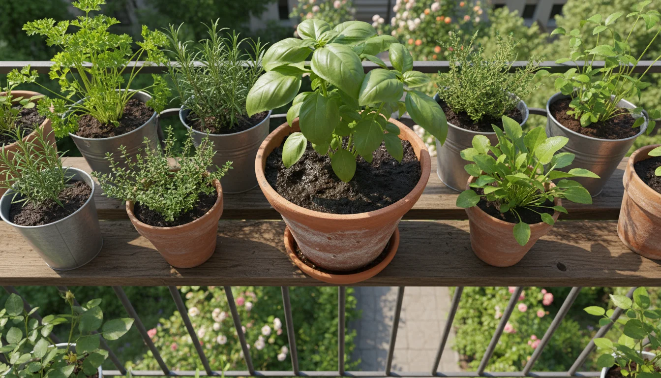 Collection of potted herbs on a sunny wooden balcony shelf. One basil plant's pot shows noticeably dark, wet soil.
