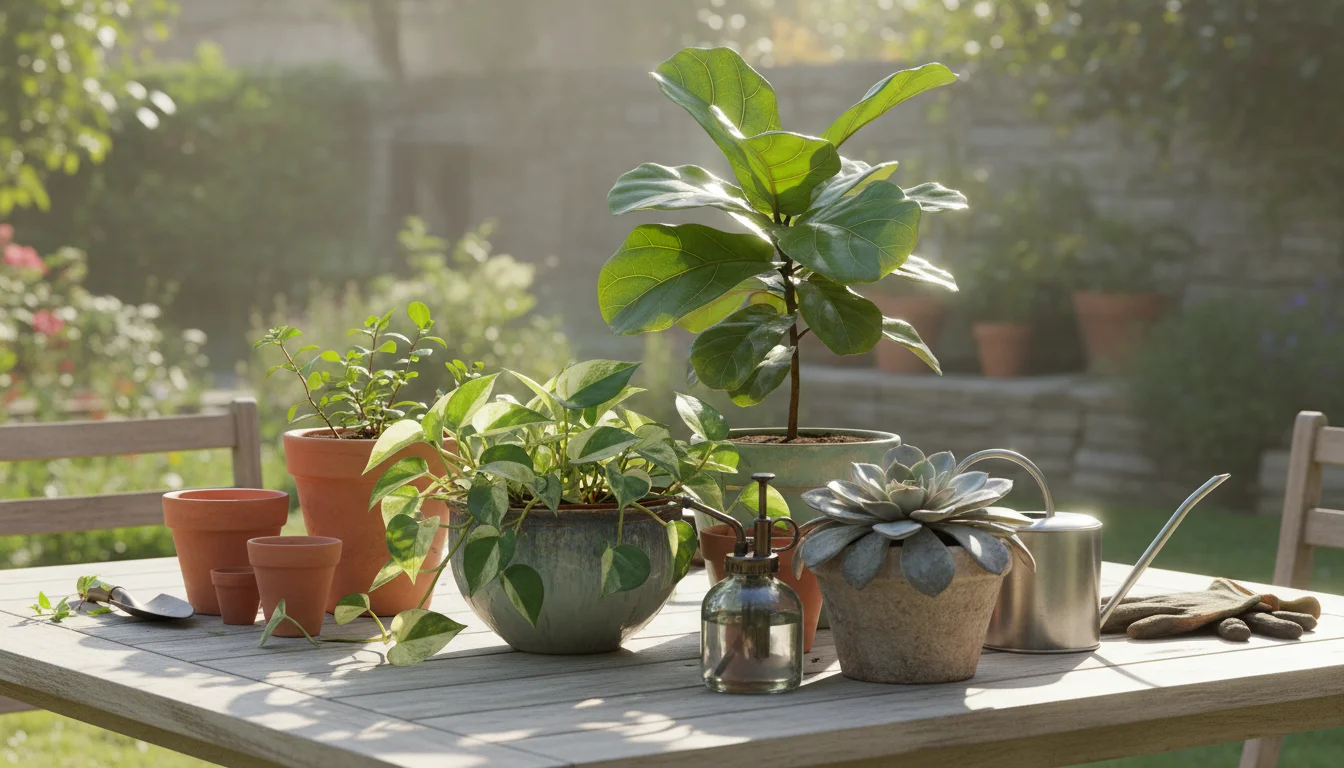 A collection of potted houseplants on a wooden patio table, including glossy Pothos, shiny Fiddle Leaf Fig, fuzzy African Violet, and a powdery succul