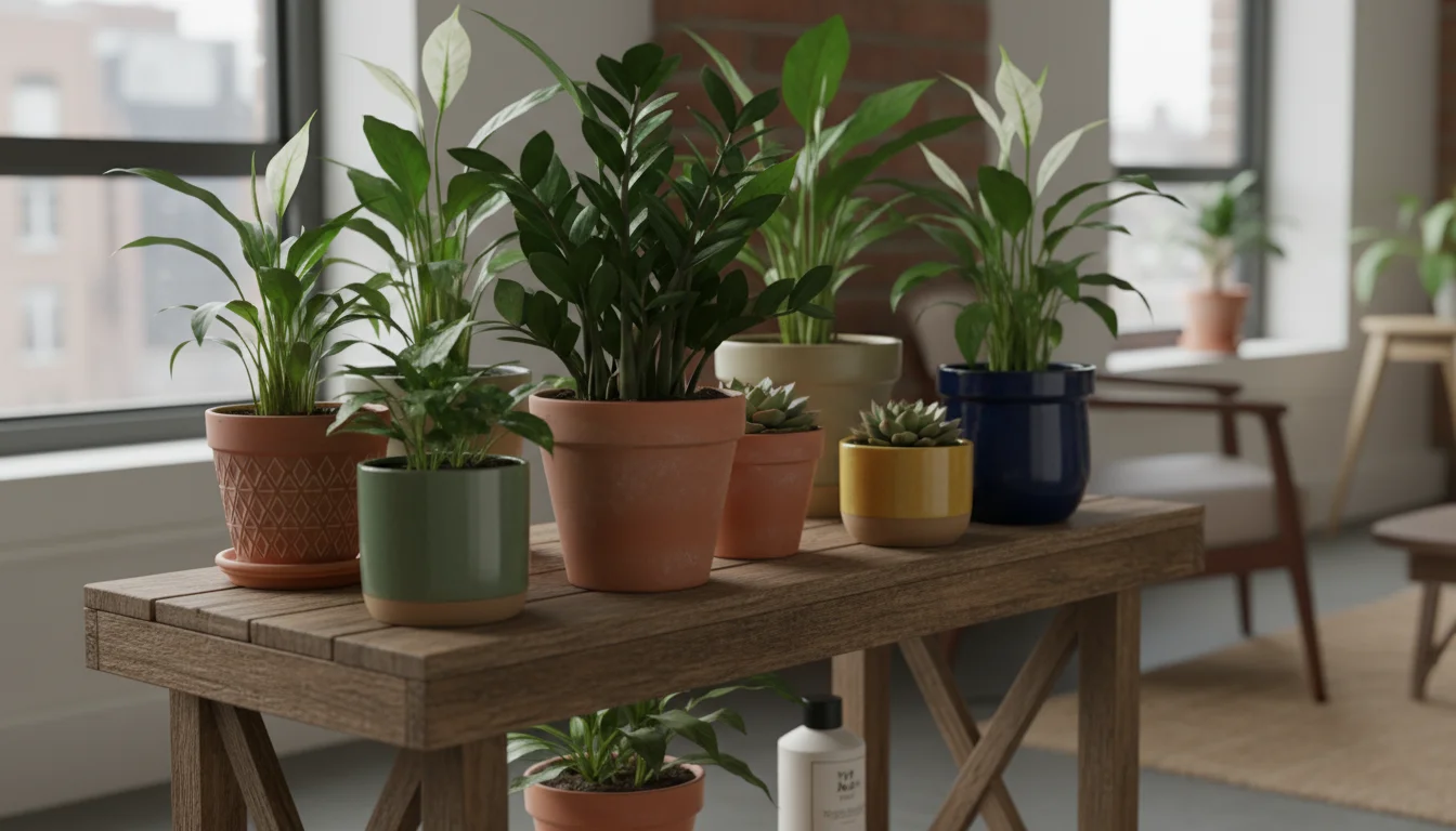 Collection of potted indoor plants on a wooden stand, with an unused fertilizer bottle on the bottom shelf.