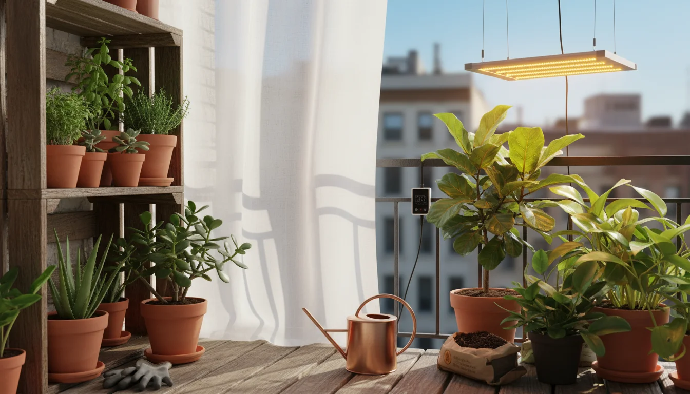 A collection of potted plants on a balcony, some lit by filtered window light, others by a small LED grow light.