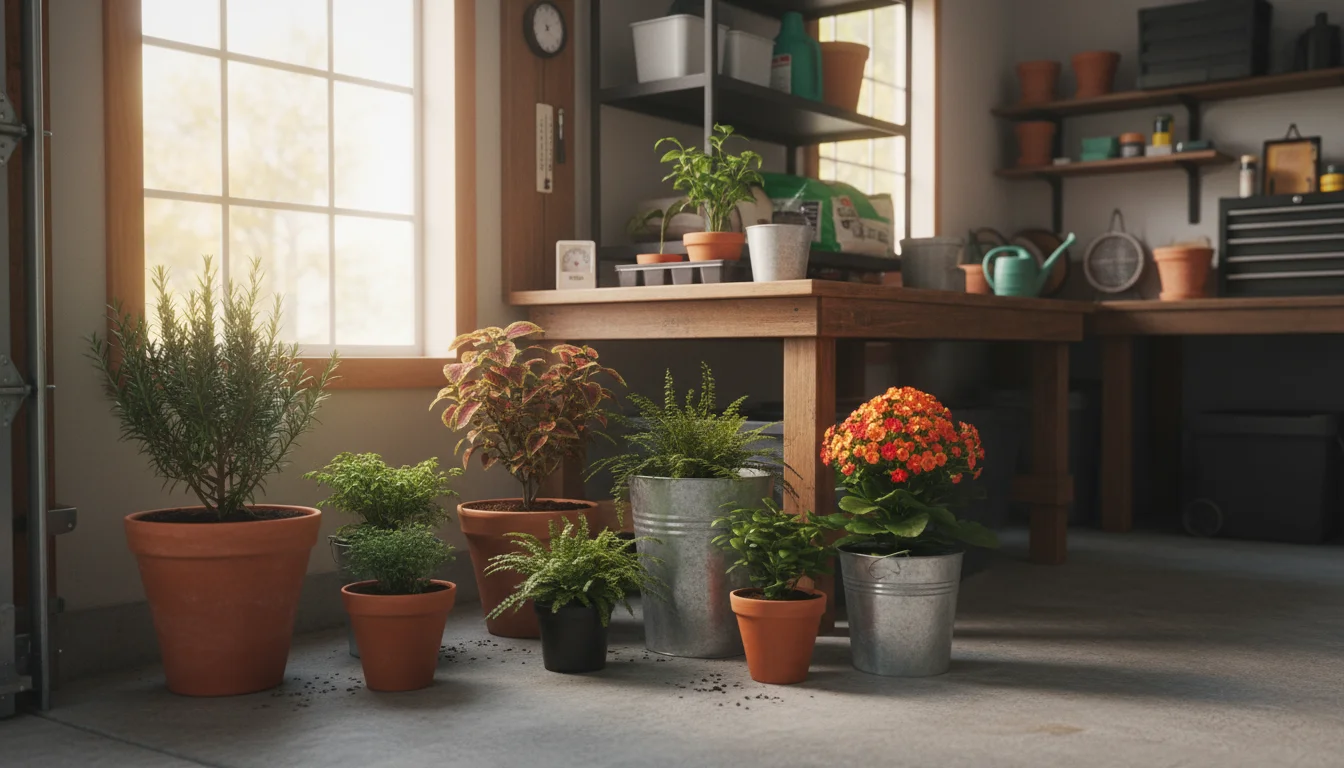 A collection of potted plants, including rosemary and a fern, arranged on a workbench and concrete floor in a bright garage corner.
