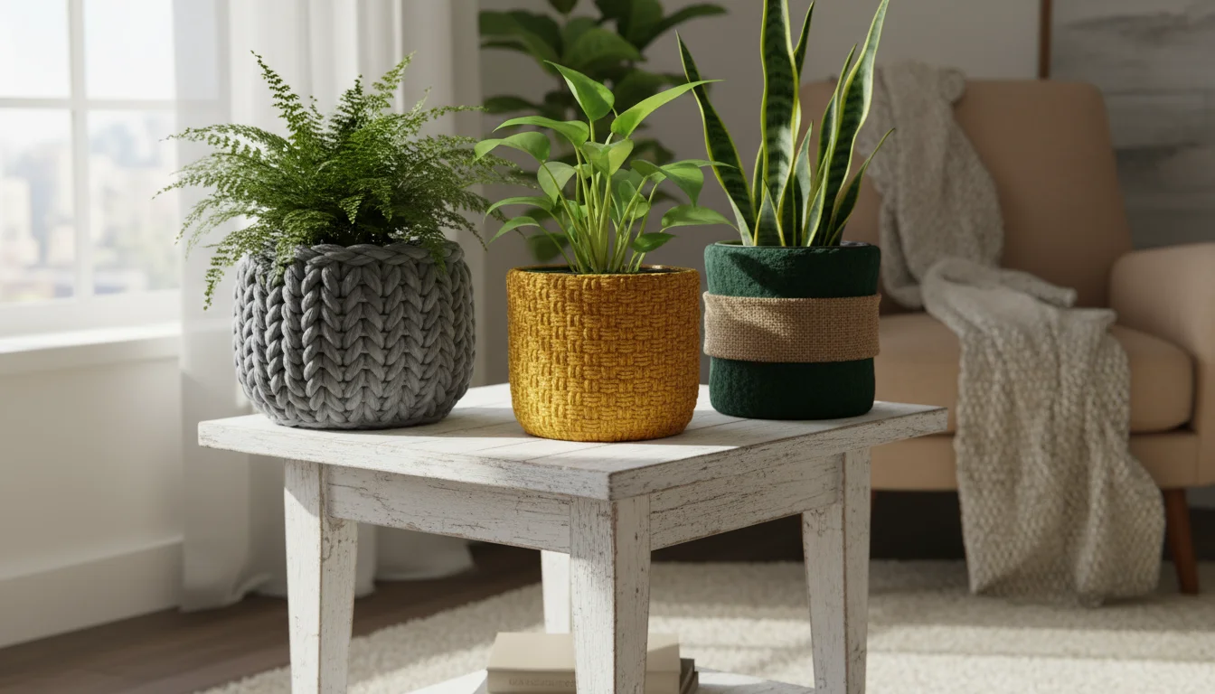 Collection of potted plants with various fabric pot sweaters (gray knit, yellow textured, green felt/burlap) on a white side table in a bright room.