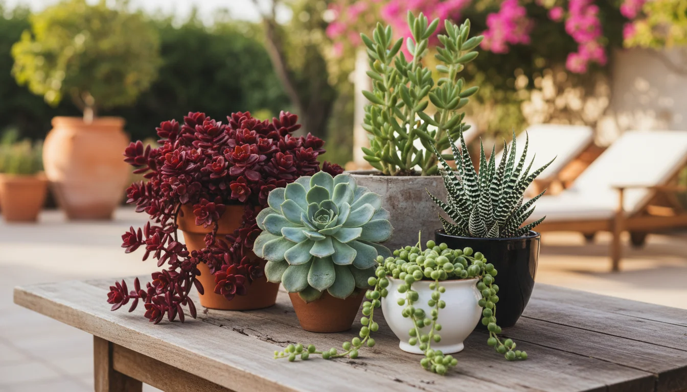 A collection of potted succulents including Echeveria, trailing Sedum, upright Sedum, and Haworthia on a weathered wooden table.