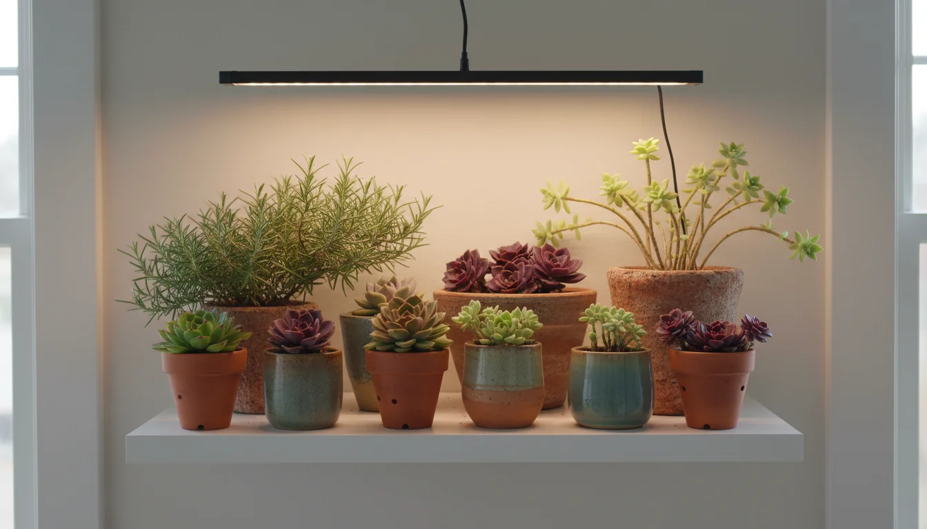 Collection of potted succulents and rosemary on a shelf under a grow light. Some plants appear healthy, others show slight leggy growth and pale leave