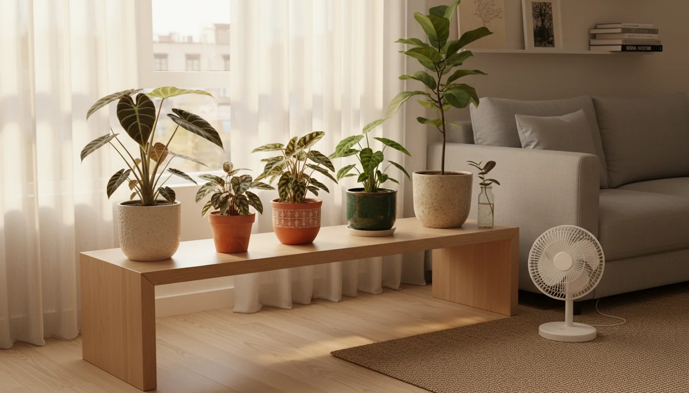 A collection of rare potted houseplants with a small oscillating fan and open balcony door providing airflow, bathed in golden light.