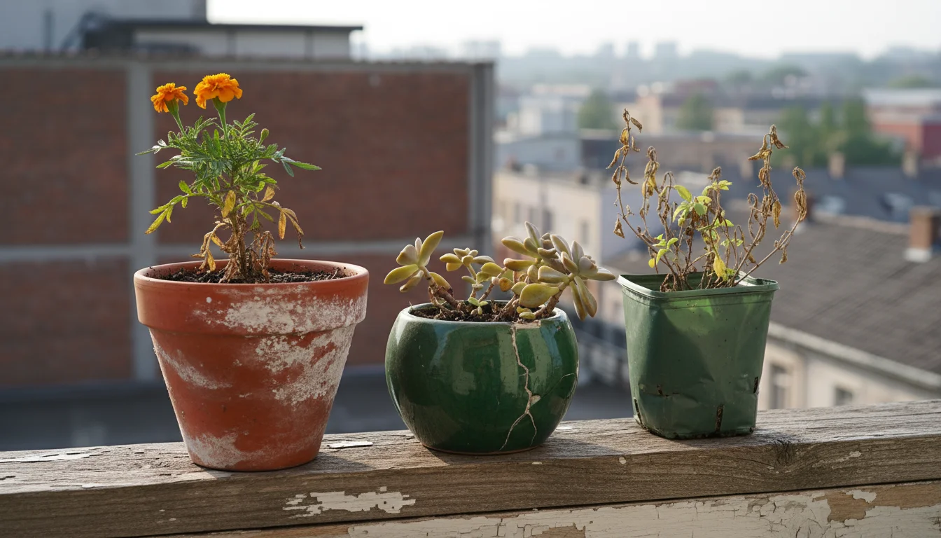 A collection of small container plants on a balcony railing showing signs of poor soil: salt crust on a terracotta pot, standing water on dense soil,