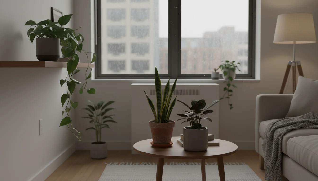 Collection of small indoor container plants arranged in soft, diffuse grey winter light, appearing subdued and less vibrant.