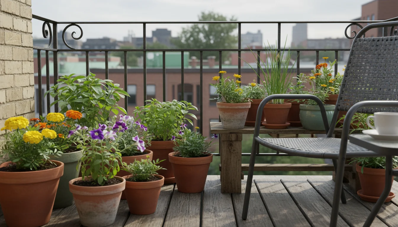 A collection of small potted plants, including marigolds, petunias, and herbs, arranged on an urban balcony for hardening off. Some pots are in partia
